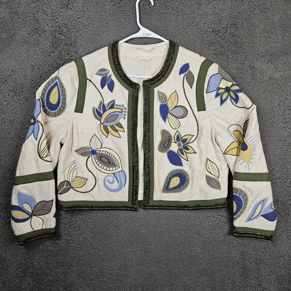 Veronica Beard Women's Beige Veronica Embroidered Silk Beaded Jacket Size 16